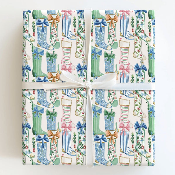 Festive Rain Boot Holiday Gift Wrap, Watercolor Wellington Boot Christmas Wrapping Paper, 90 GSM Fine Art Paper, Winter Prese