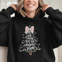 Christmas Tree Bow Sweatshirt, Oh Come Let Us Adore Him Hoodie, Christian Holiday Hooded Pullover, Religious Xmas Hoodie, Faith Present for Her