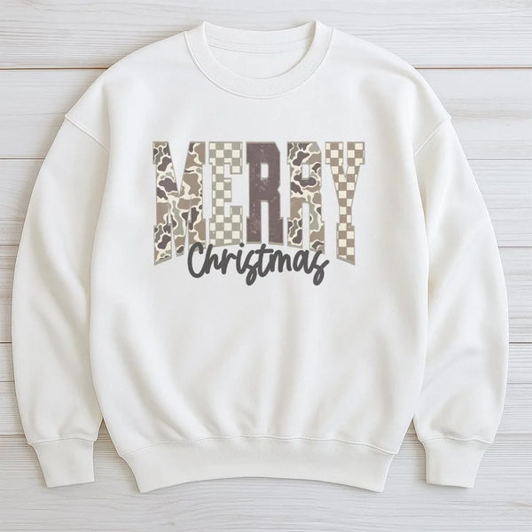 Checkered Holiday Lettering Crewneck, Merry Christmas Camo Sweatshirt, Southern Country Hunter Xmas Sweater, Winter Holiday P