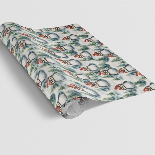 Festive Christmas Bird Gift Wrap, Winter Waddle Penguin Wrapping Paper, Adorable Winter Animal Wrapping Paper, Pine Tree Holi