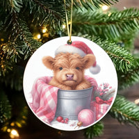 Santa Hat Plaid Cow Ornament, Baby Highland Cow Christmas Ornament, Adorable Farmhouse Animal Ceramic Ornament, Holiday Tree Decor Present