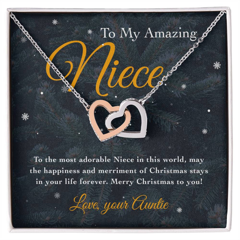 Cubic Zirconia Heart Pendant, Niece Interlocking Hearts Necklace, Polished Surgical Steel Jewelry, Sentimental Christmas Present from Auntie