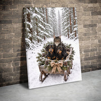 Snowy Forest Dachshund Wall Art, Dachshund Cat Winter Sleigh Canvas, Christmas Pet Canvas Print, Holiday Dog and Cat Wall Decor