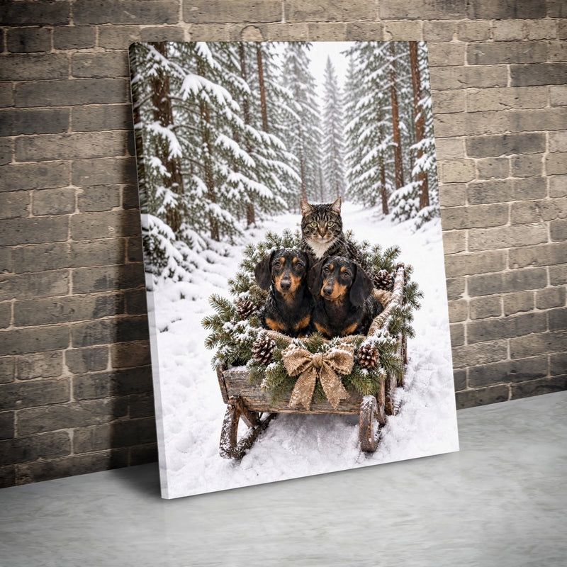 Snowy Forest Dachshund Wall Art, Dachshund Cat Winter Sleigh Canvas, Christmas Pet Canvas Print, Holiday Dog and Cat Wall Decor