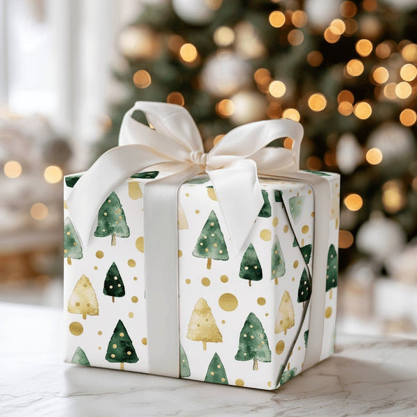 Green and Gold Holiday Gift Wrap, Watercolor Christmas Tree Wrapping Paper, Modern Festive Tree Wrapping Paper, Elegant Xmas 