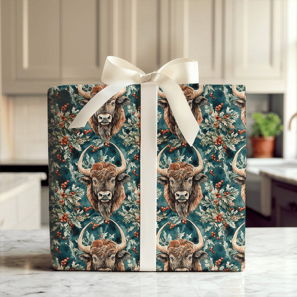 Farmhouse Holly Berry Gift Wrap, Highland Cow Christmas Wrapping Paper, Rustic Holiday Wrapping Paper, Xmas Animal Gift Wrapp