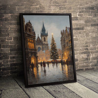Old Town Square Winter Landscape Print, Prague Christmas Market Canvas Wall Art, Prague Winter Canvas, European Holiday Home Wall Decor