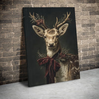 Vintage Winter Stag Red Velvet Bow Poster, Christmas Deer Canvas Wall Art, Holiday Animal Digital Download Print, Rustic Xmas Home Decor