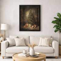 Classic Holiday Tree Wall Art, Vintage Christmas Tree Canvas Print, Christmas Tree and Presents Canvas Art, Festive Winter Home Wall Decor