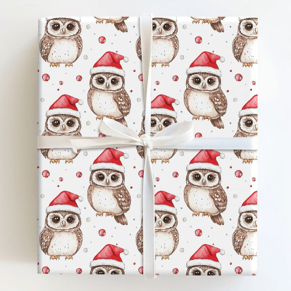 Santa Hat Animal Gift Wrap, Christmas Owl Wrapping Paper, Adorable Watercolor Bird Present Paper, Whimsical Holiday Gift Wrap