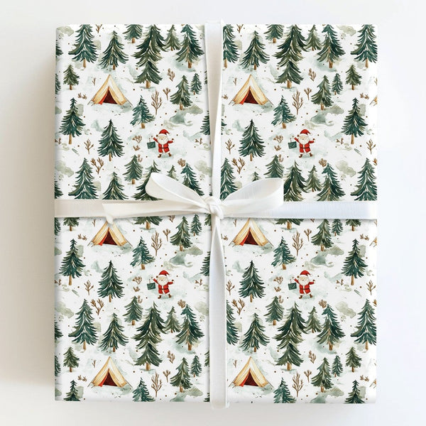 Watercolor Forest Gift Wrap, Camping Santa Wrapping Paper, Pine Tree Christmas Wrapping Paper, Outdoor Holiday Gift Wrap
