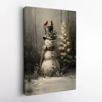 Winter Cardinals Christmas Canvas Print, Vintage Snowman Canvas Wall Art, Rustic Holiday Snowman Canvas Decor, Seasonal Winter Wall Art Present