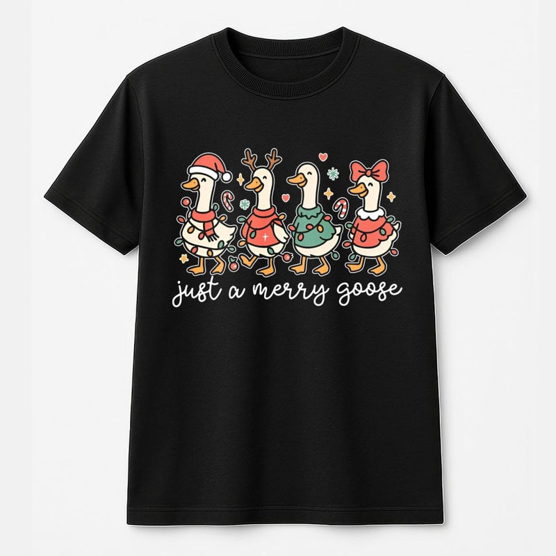 Humorous Holiday Santa Hat Bird Tee, Christmas Goose T-Shirt, Festive Goose Lights Graphic Shirt, Adorable Xmas Animal Lover T-Shirt Present