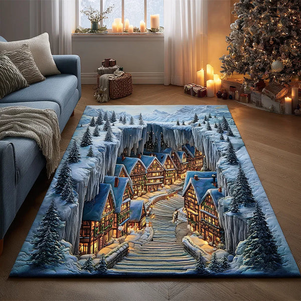 Snowy Village Landscape Rug, Winter Path Area Rug, Christmas Holiday Town Area Rug, Washable Non Slip Floor Rug, Winter Wonde