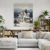 Alpine Town Landscape Canvas Print, Winter Village Snowy Mountain Canvas Wall Art, Comfy Holiday Poster, Christmas Digital Download
