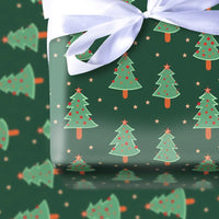 Pine Tree and Stars Gift Wrap, Dark Green Christmas Tree Wrapping Paper, Festive Holiday Wrapping Paper, Adorable Seasonal Xmas Gift Wrap Roll