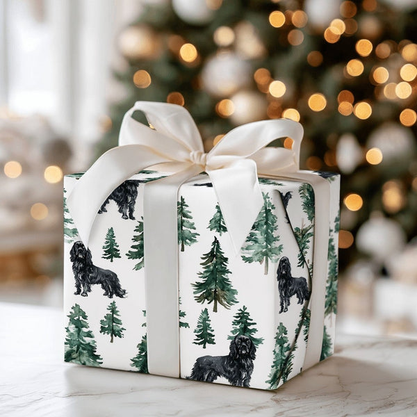 Watercolor Pine Forest Gift Wrap, Black Dog Christmas Wrapping Paper, Holiday Dog Lover Wrapping Paper Roll, Festive Winter P