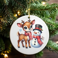 Ceramic Christmas Tree Ornament, Adorable Baby Deer Snowman Ornament, Winter Holiday Keepsake Ornament, Woodland Animal Xmas Present