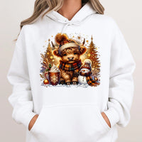 Snowman Hot Cocoa Sweatshirt, Highland Cow Christmas Hoodie, Adorable Winter Cow Graphic Hoodie, Comfy Farmhouse Pullover, Animal Lover Xmas Present