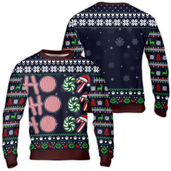 Candy Cane Santa Hat Graphic Sweatshirt, Ho Ho 67 Ugly Christmas Sweater, Humorous Xmas Party Holiday Fleece Crewneck Top