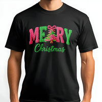 Knitted Look Graphic T-Shirt, Merry Christmas Faux Yarn Shirt, Comfy Knit Typography Holiday Tee, Vintage Faux Knit Xmas Shirt, Holiday Present
