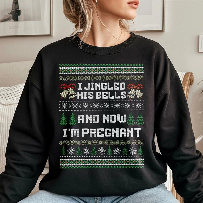 Humorous Christmas Pregnancy Announcement Crewneck, I Jingled His Bells Sweatshirt, Expecting Mom Holiday Sweater