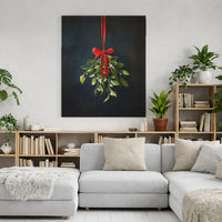 Minimalist Christmas Botanical Canvas Print, Mistletoe Red Ribbon Wall Art, Holiday Festive Decor, Digital Download Printable Poster