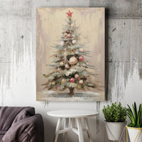 Holiday Tree with Red Star Canvas Print, Painterly Christmas Tree Canvas Wall Art, Neutral Festive Canvas, Comfy Winter Season Wall Decor