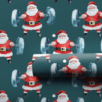 Dark Teal Gym Gift Wrap, Watercolor Weightlifting Santa Wrapping Paper, Bodybuilder Christmas Present Paper, Fitness Xmas Wrapping Paper