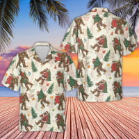 Humorous Sasquatch Aloha Shirt, Bigfoot Santa Christmas Hawaiian Shirt, Ugly Xmas Button Down Shirt, Holiday Vacation Beach Shirt, Present for Him