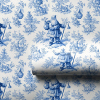 Vintage Christmas Gift Wrap, Blue and White Santa Toile Wrapping Paper, French Toile Holiday Wrapping Paper, Winter Forest Gift Wrap Roll