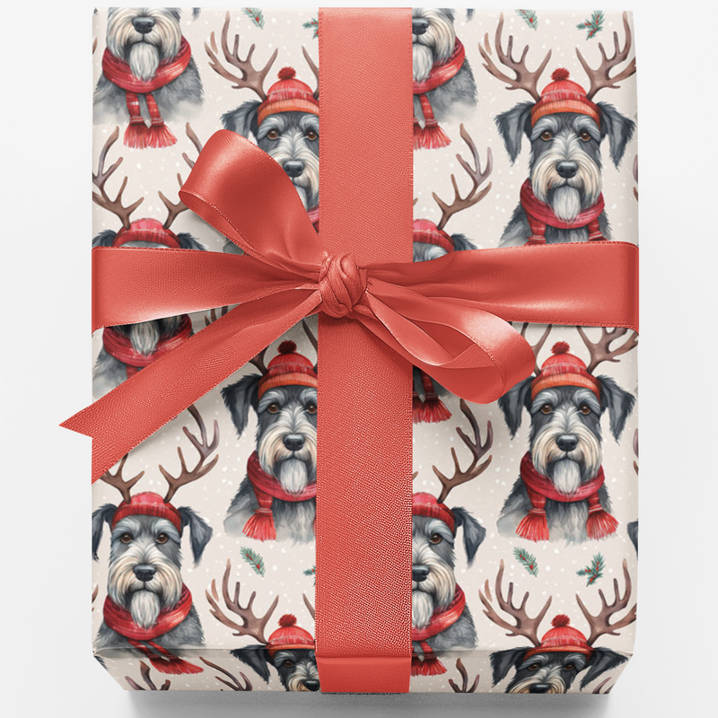 Festive Reindeer Antlers Dog Gift Wrap, Schnauzer Christmas Wrapping Paper, Holiday Pet Lover Wrapping Paper, Xmas Present Paper Roll