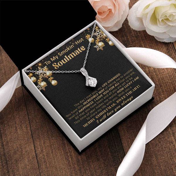 Ribbon CZ Pendant, Soulmate Alluring Beauty Necklace, 14k White Gold Over Stainless Steel Jewelry, Romantic Christmas Anniver