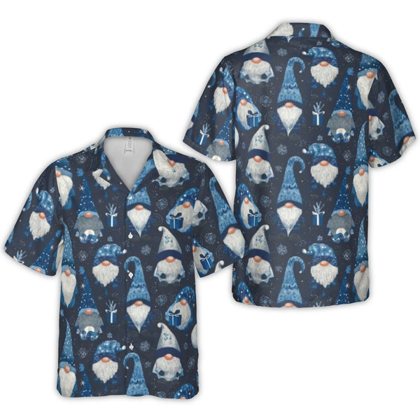 Blue Snowflake Holiday Button Up Shirt, Christmas Gnome Hawaiian Shirt, Festive Winter Gnome Aloha Shirt, Tropical Christmas 