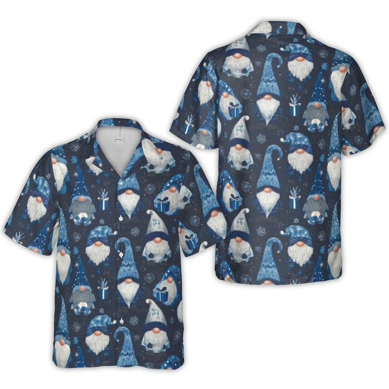 Blue Snowflake Holiday Button Up Shirt, Christmas Gnome Hawaiian Shirt, Festive Winter Gnome Aloha Shirt, Tropical Christmas Party Shirt