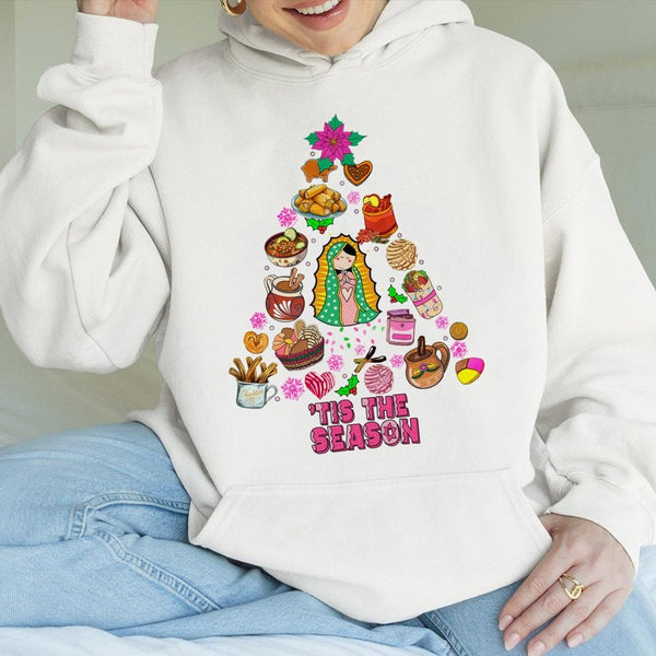 Mexican Holiday Food Hoodie, Our Lady of Guadalupe Christmas Hoodie, Latina Cultural Christmas Hoodie, Comfy Holiday Hooded S