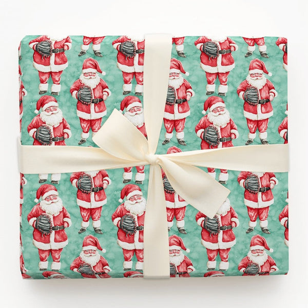 Santa with Glove Gift Wrap, Baseball Santa Christmas Wrapping Paper, Teal Holiday Baseball Wrapping Paper, Athlete Xmas Wrapp
