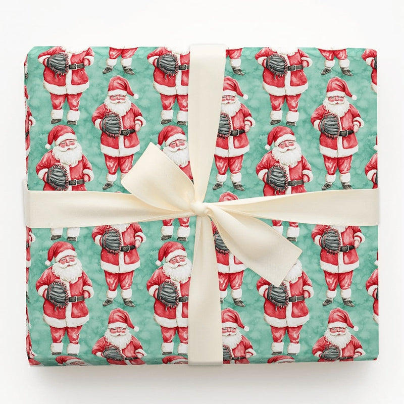Santa with Glove Gift Wrap, Baseball Santa Christmas Wrapping Paper, Teal Holiday Baseball Wrapping Paper, Athlete Xmas Wrapping Paper