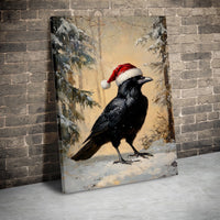 Winter Raven in Santa Hat Canvas Print, Christmas Crow Canvas Wall Art, Holiday Bird Painting Canvas, Festive Animal Decor, Bird Lover Present