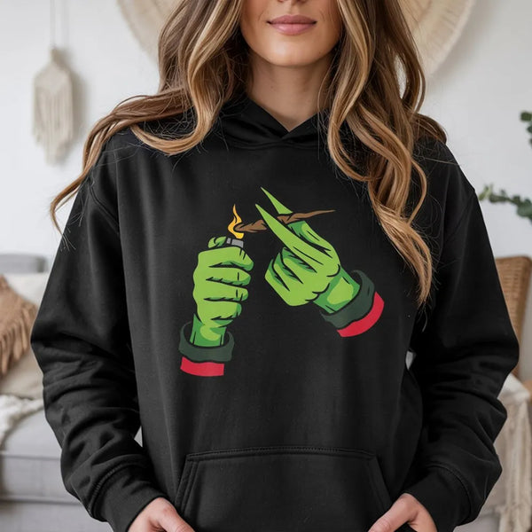 Stoner Christmas Graphic Pullover, Green Monster Hand Hoodie, Humorous Weed Smoker Hoodie, Holiday Christmas Hoodie, Green Mo
