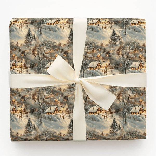 Winter Wonderland Gift Wrap, Snowy Christmas Village Wrapping Paper, Vintage Dusk Cottage Wrapping Paper, Holiday Present Wra