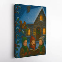 Snowy Stone Cottage Canvas Wall Art, Christmas Carolers Canvas, Vintage Holiday Caroling Kids Print, Storybook Winter Village Wall Decor