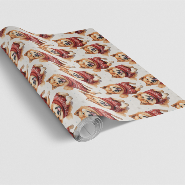 Running Dog in Sweaters Gift Wrap, Shiba Inu Christmas Wrapping Paper, Adorable Pet Present Paper, Holiday Dog Wrapping Paper