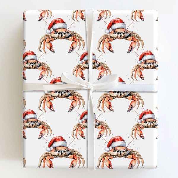 Coastal Holiday Wrapping Paper, Santa Hat Crab Christmas Wrapping Paper, Beach Xmas Gift Wrap, Nautical Ocean Lover Holiday W
