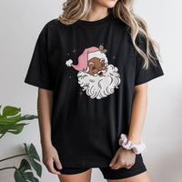 Retro Pink Hat Christmas Graphic Tee, Black Santa T-Shirt, African American Holiday Shirt, Inclusive Xmas Apparel for Women