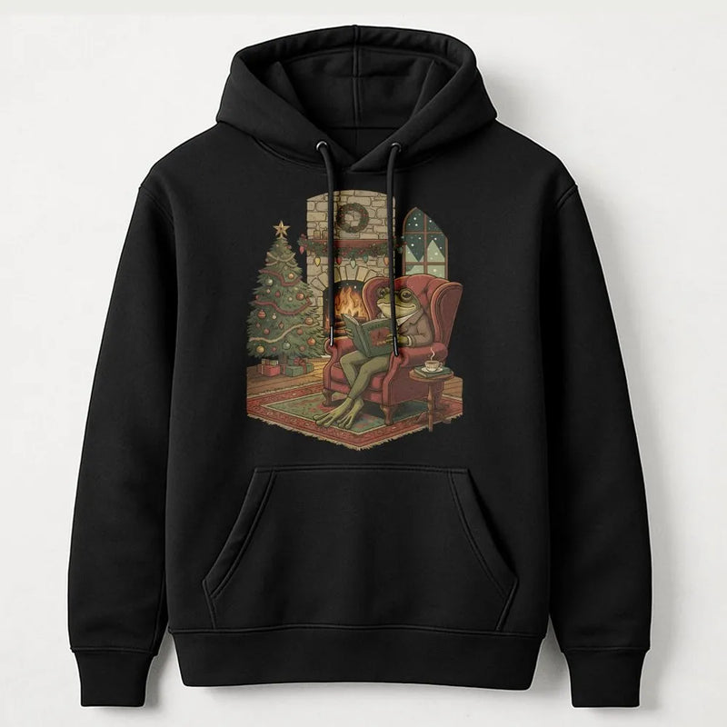 Comfy Christmas Bookish Frog Hoodie, Reading Frog Hoodie, Book Lover Holiday Hoodie, Adorable Cottagecore Reader Pullover Sweatshirt, Winter Present