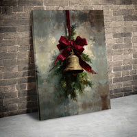 Vintage Red Bow Oil Painting Canvas Print, Christmas Bell Canvas Wall Art, Rustic Holiday Wall Art, Festive Xmas Canvas Decor, Seasonal Present