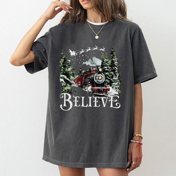 Vintage Steam Engine Christmas Shirt, Believe Christmas Train T-Shirt, Holiday Movie Christmas Tee, Festive Graphic Christmas