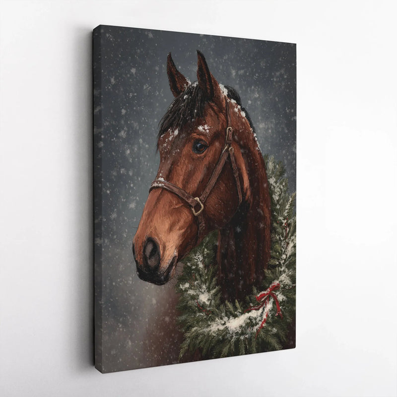 Brown Horse with Festive Wreath in Snow Canvas Print, Horse Christmas Wall Art, Winter Equestrian Canvas Art, Holiday Farmhouse Decor Present