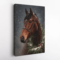 Brown Horse with Festive Wreath in Snow Poster, Christmas Horse Canvas Wall Art, Winter Equestrian Holiday Print, Rustic Digital Download